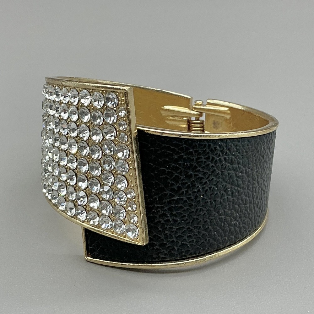 Bracelet Black Faux Leather Rhinestone Wide Bangle Snap Womens‎ 6.7 In Jewelry